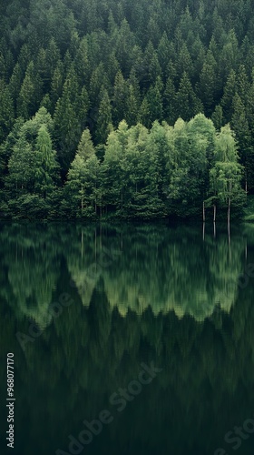 An idyllic scene of a calm lake reflecting the surrounding forest, evoking feelings of tranquility and connection with the natural world