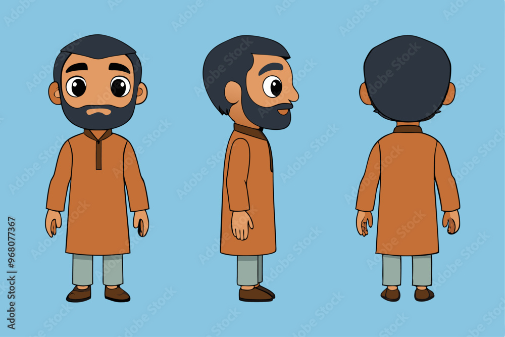 Fototapeta premium Pakistani 2D Character in t-Pose, Simple one color shalwar kameez, 4 Poses ( Front View, Side View, Back View