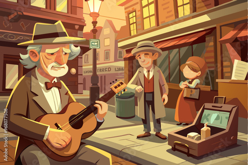 In this short vintage-style animation, an elderly street musician in a bustling 1940s city discovers a lost music box. As he begins to play the melody on his guitar