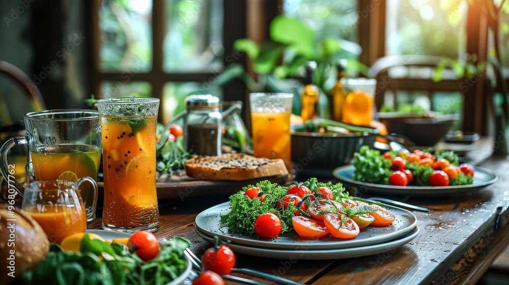 A glass of orange juice is on a wooden table with a plate of berries and a piece of toast. A glass of orange juice is on a wooden table with a plate of berries and a piece of toast.