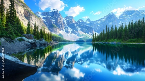 A serene mountain lake surrounded by towering peaks and lush greenery, reflecting the clear blue sky