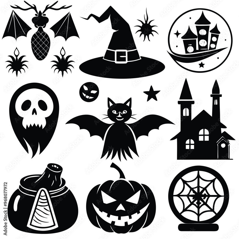 Obraz premium halloween set. pumpkin, skull, broom, headstone, spider, cobweb, crows, dead man's hand, witch hat, cauldron, bats. silhouette graphics. vector