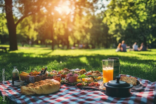 A Picnic Spread Laid Out on a Checkered Blanket in a Park