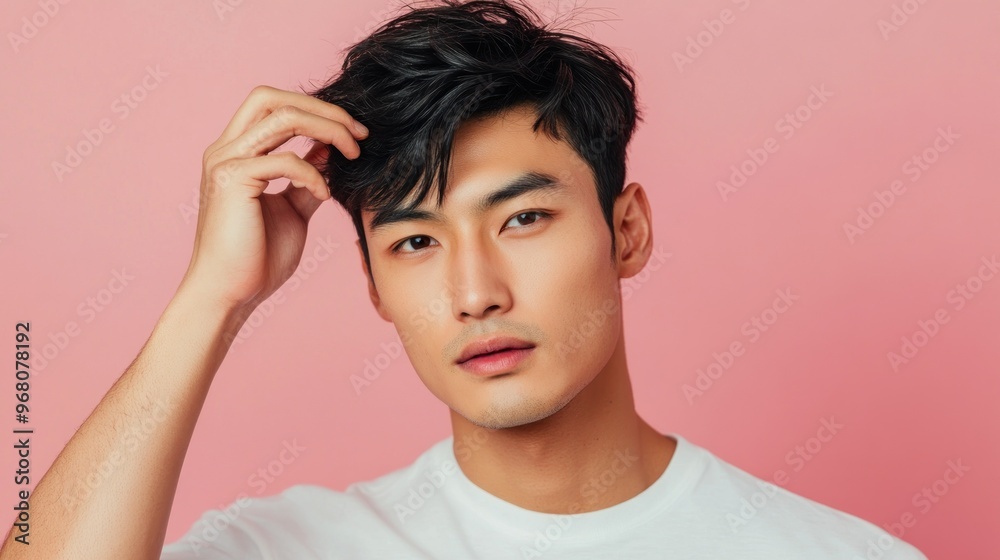 Young Man with Black Hair and White T-Shirt Against Pink Background Young Man with Black Hair and White T-Shirt Against Pink Background