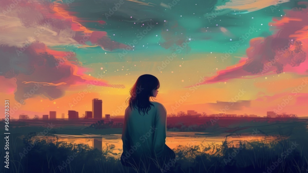rear view of anime style girl, on pink blue mountains background rear view of anime style girl, on pink blue mountains background