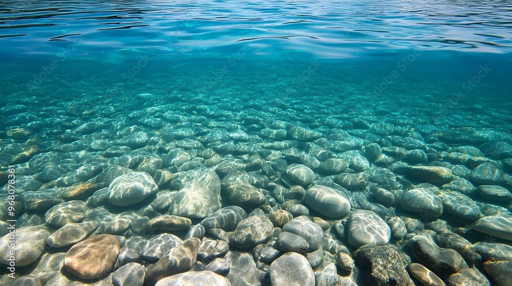 Obraz premium A close-up of crystal-clear water at Lake Tahoe, showcasing the vibrant blue hues and smooth pebbles beneath the surface