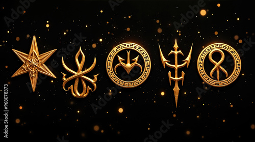 Vintage Golden Runic Symbols on Black Starry Background photo