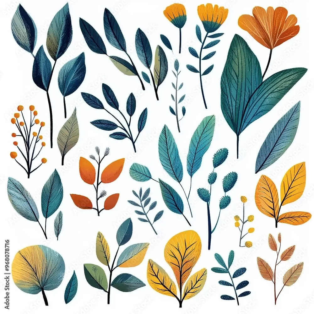 A clipart set of various leaves and flowers in a boho style
A clipart set of various leaves and flowers in a boho style
