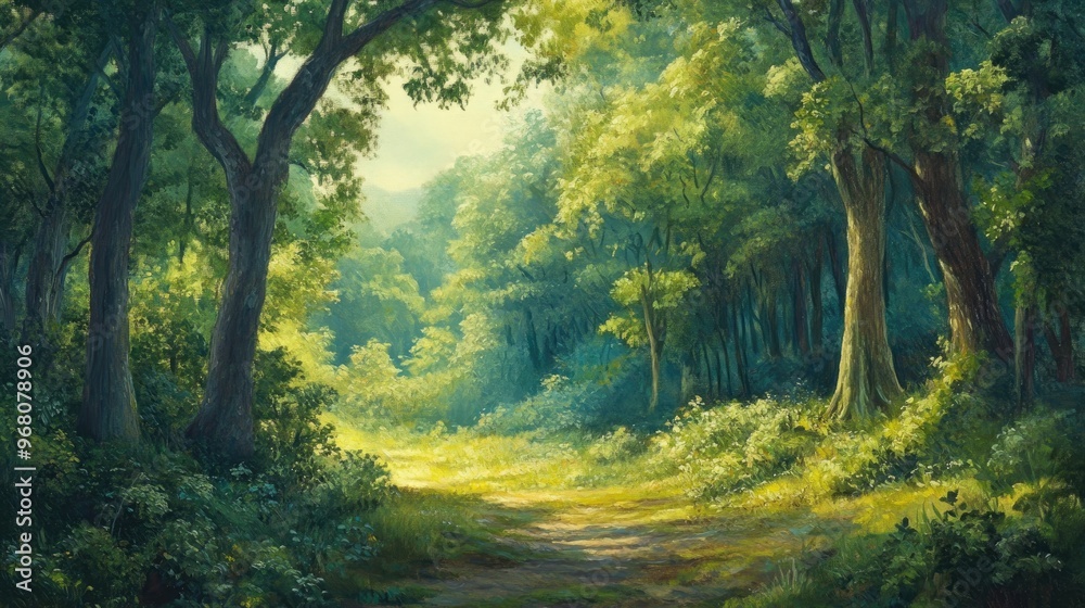 Naklejka premium Panoramic oil painting depicting lush green woodlands and serene natural scenery