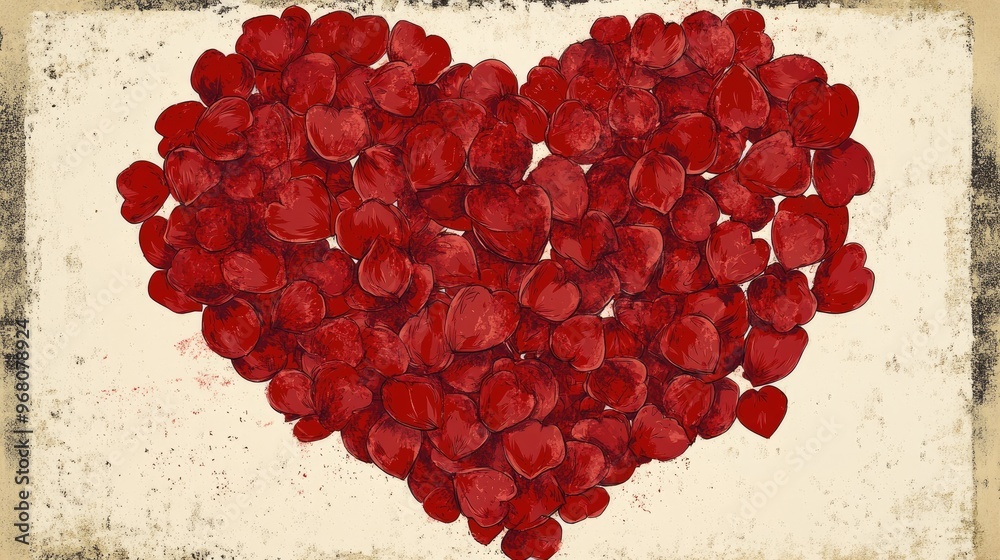 Retro coloring book illustration of a heart made of rose petals Retro coloring book illustration of a heart made of rose petals