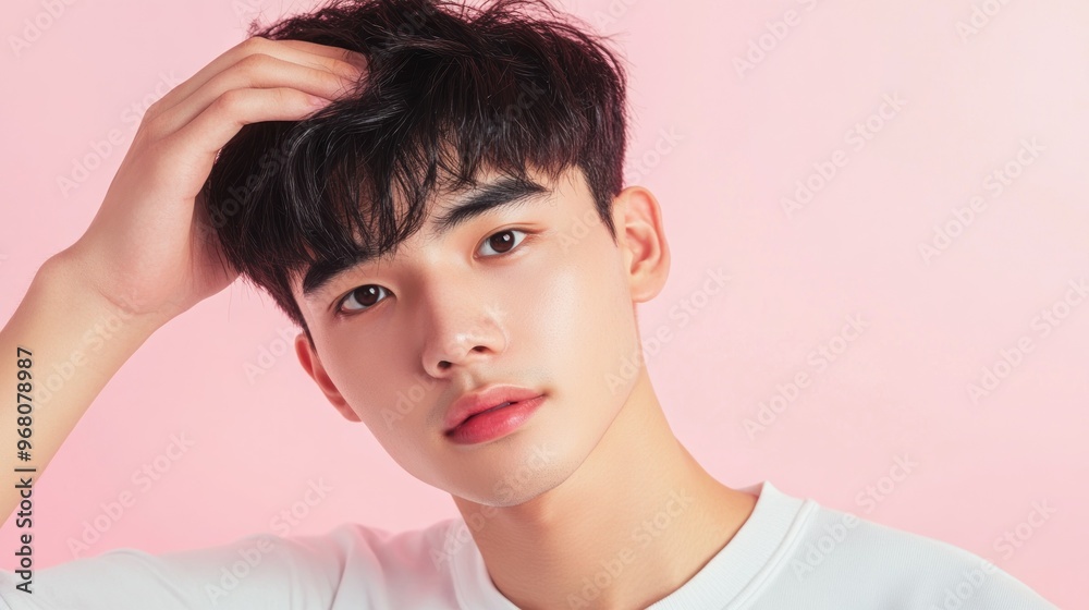 Young Man with Black Hair and White Shirt Against Pink Background Young Man with Black Hair and White Shirt Against Pink Background