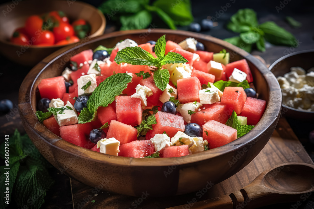 A bowl of watermelon and blueberries with mint leaves. A bowl of watermelon and blueberries with mint leaves.