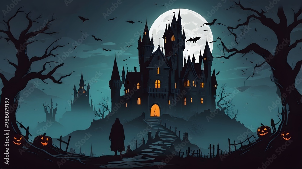 Gothic Halloween scene, dark colors, eerie atmosphere, haunted castle, skeletal figures perfect for Halloween Gothic Halloween scene, dark colors, eerie atmosphere, haunted castle, skeletal figures perfect for Halloween