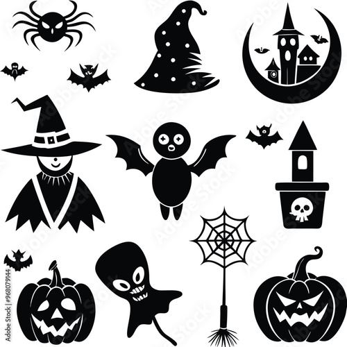 halloween set. pumpkin, skull, broom, headstone, spider, cobweb, crows, dead man's hand, witch hat, cauldron, bats. silhouette graphics. vector