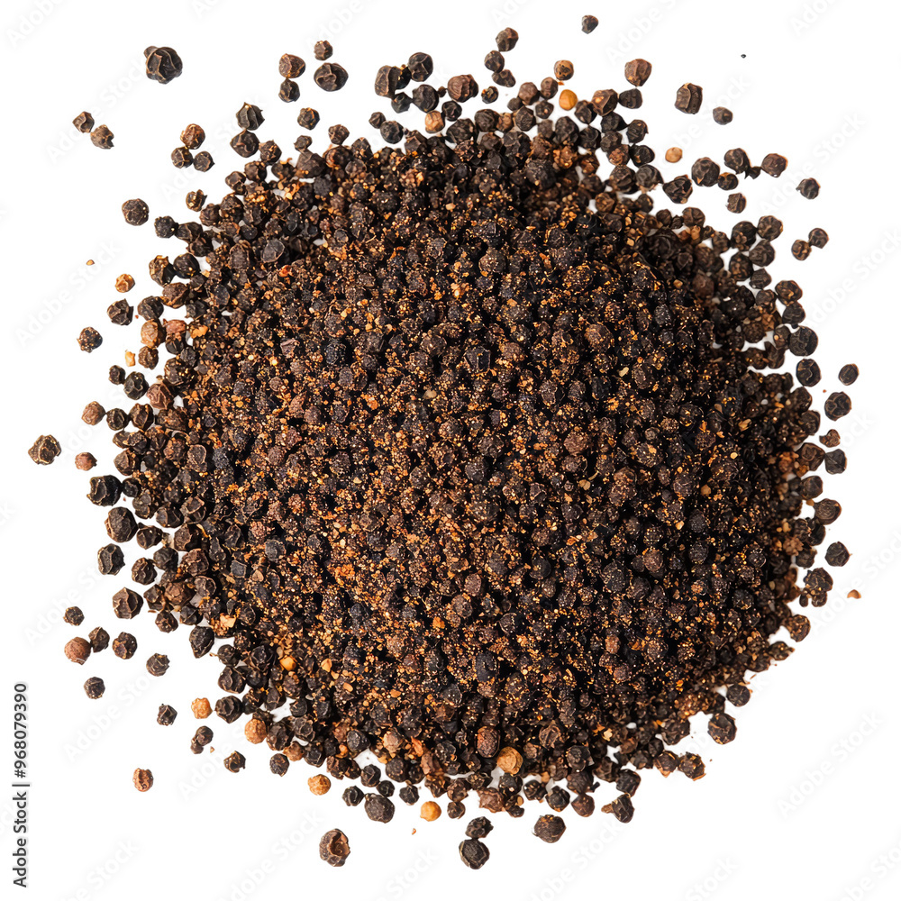 Close-up of a pile of black peppercorns, a popular spice used in cooking. Close-up of a pile of black peppercorns, a popular spice used in cooking.