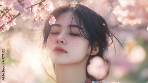 Woman with Closed Eyes Surrounded by Pink Blossoms