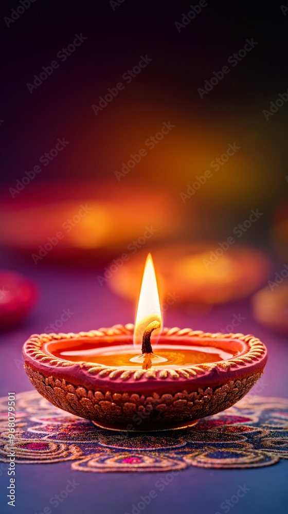 Decorative Diya Lamp Illuminated for Diwali Celebration in Vibrant Colors, festive scene for Diwali holiday Decorative Diya Lamp Illuminated for Diwali Celebration in Vibrant Colors, festive scene for Diwali holiday