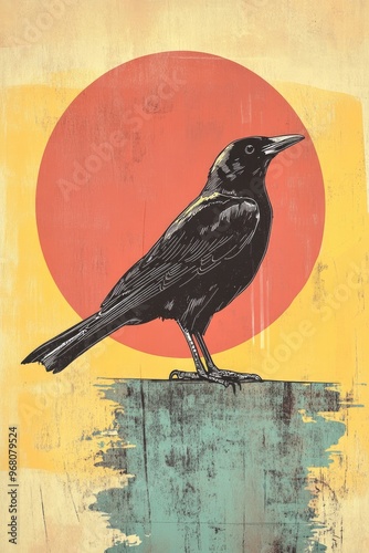 Retro coloring book illustration of a Jackdaw perched elegantly A medium sized bird with distinctive features