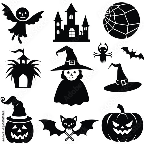 halloween set. pumpkin, skull, broom, headstone, spider, cobweb, crows, dead man's hand, witch hat, cauldron, bats. silhouette graphics. vector