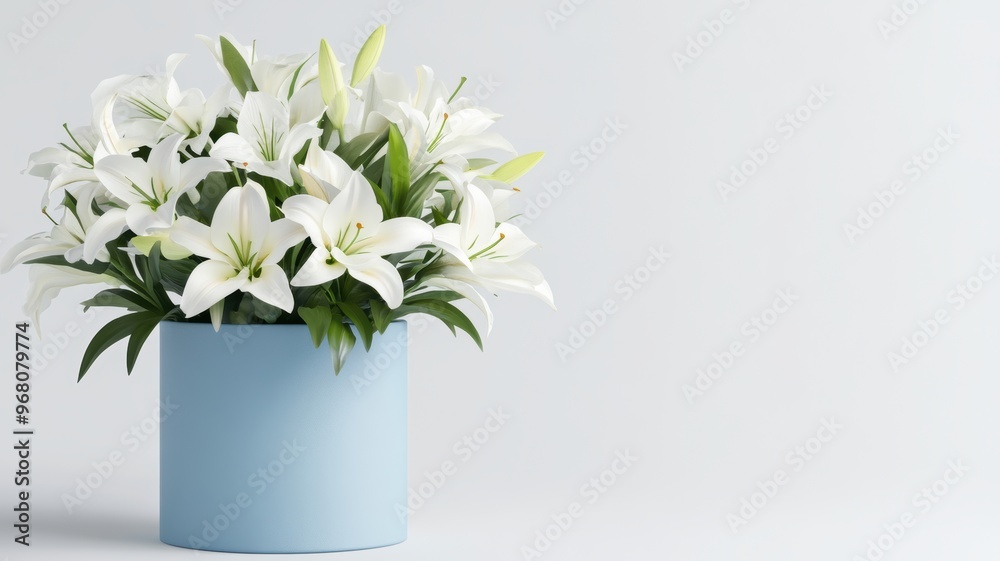 Blue box of white lilies on a simple white background