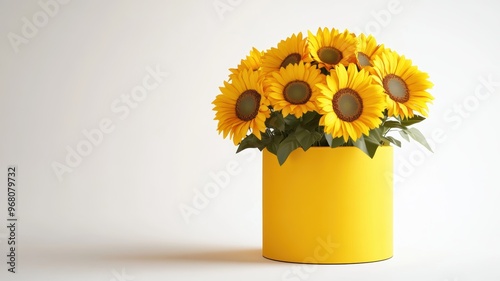 Bright sunflowers in a yellow hat box on a white background photo