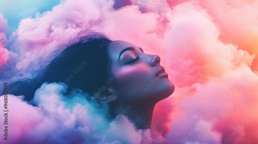 Woman with Closed Eyes Surrounded by Colorful Clouds Woman with Closed Eyes Surrounded by Colorful Clouds