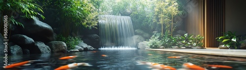 Zen garden with koi pond, bamboo surroundings, and gentle waterfall © Creative_Bringer