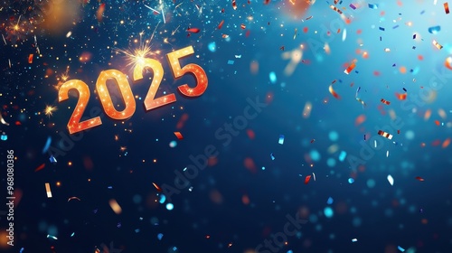 A vibrant wallpaper design showcases the year 2025 with colorful confetti and sparkling fireworks in a festive atmosphere photo