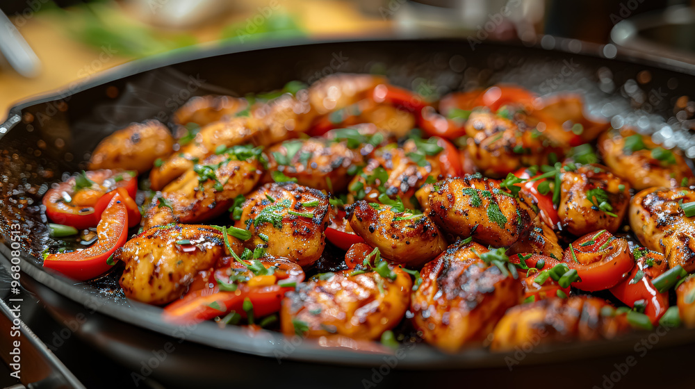 A pan of food with chicken and vegetables A pan of food with chicken and vegetables