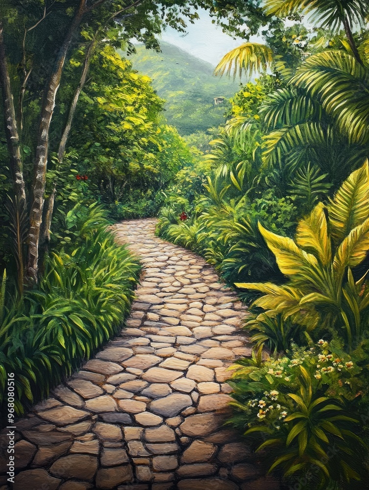 Obraz premium Oil painting depicting a cobblestone path winding through a vibrant green jungle