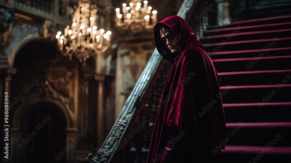 Naklejka premium Mysterious Figure in a Grand Hallway