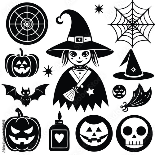 halloween set. pumpkin, skull, broom, headstone, spider, cobweb, crows, dead man's hand, witch hat, cauldron, bats. silhouette graphics. vector