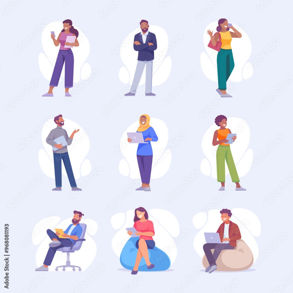 Man and Woman Entrepreneur Character Standing and Use Gadget Vector Set Man and Woman Entrepreneur Character Standing and Use Gadget Vector Set