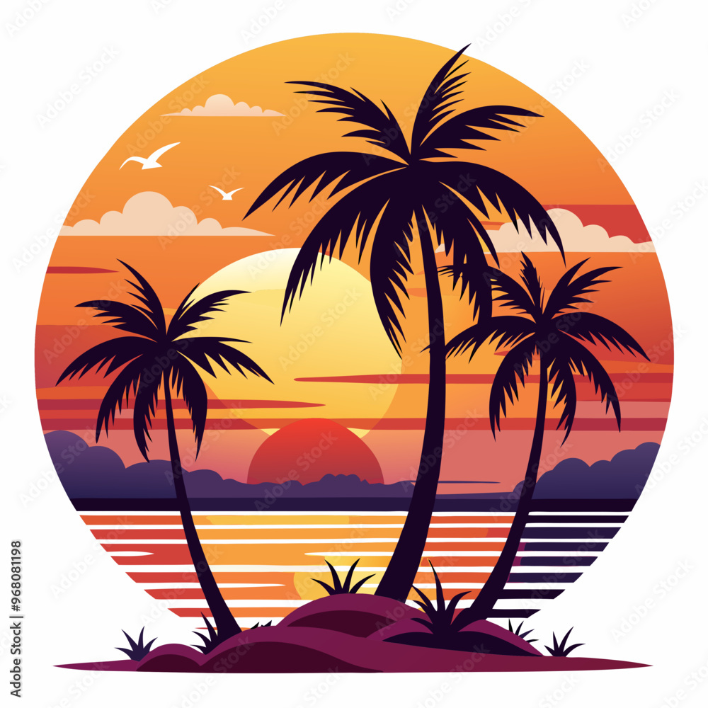 Sunset with palm trees isolated on white background