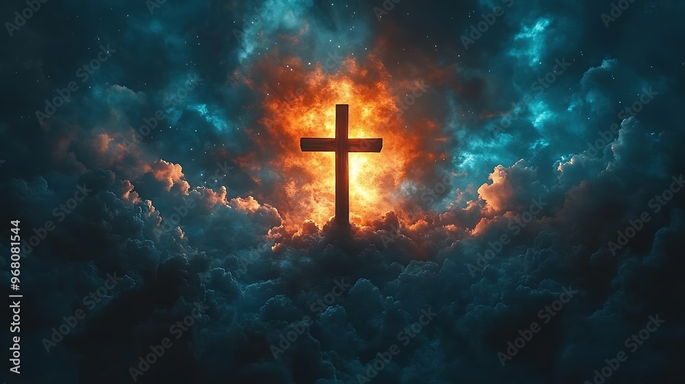A glowing cross shines through dark clouds in a dramatic sky. A glowing cross shines through dark clouds in a dramatic sky.