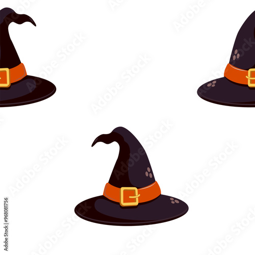 Halloween seamless pattern with black witch hat featuring golden buckle on white background, perfect vector design for spooky halloween decorations, fabric prints, invitations, wrapping paper