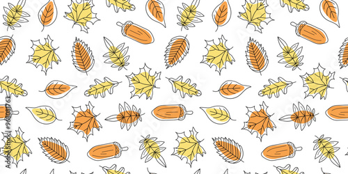 Set of autumn leaves and acorns. Leaf fall pattern, natural linear icons. Autumn season. Drawing, doodles. Vector seamless background.