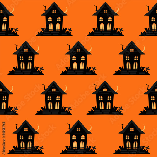 Spooky halloween seamless pattern with black haunted house on orange background, glowing windows, full moon, cross and eerie vibe, perfect for horror themed decorations, fabric, party invitations
