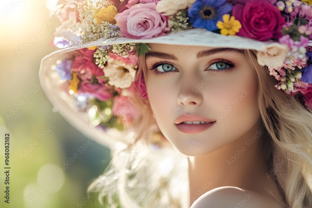 Naklejka premium portrait of beautiful woman with hat made of colorful flowers