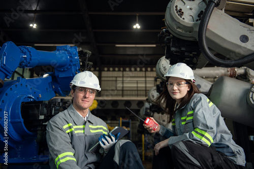 Engineer standing by robotic arm and operating machine in industry factory, technician worker check for repair maintenance electronic operation