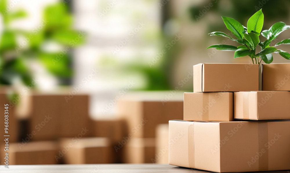 A stack of cardboard boxes with a small green plant, symbolizing growth and sustainability in a modern environment.