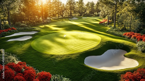 Sun shining on a golf course surrounded by forest at golden hour