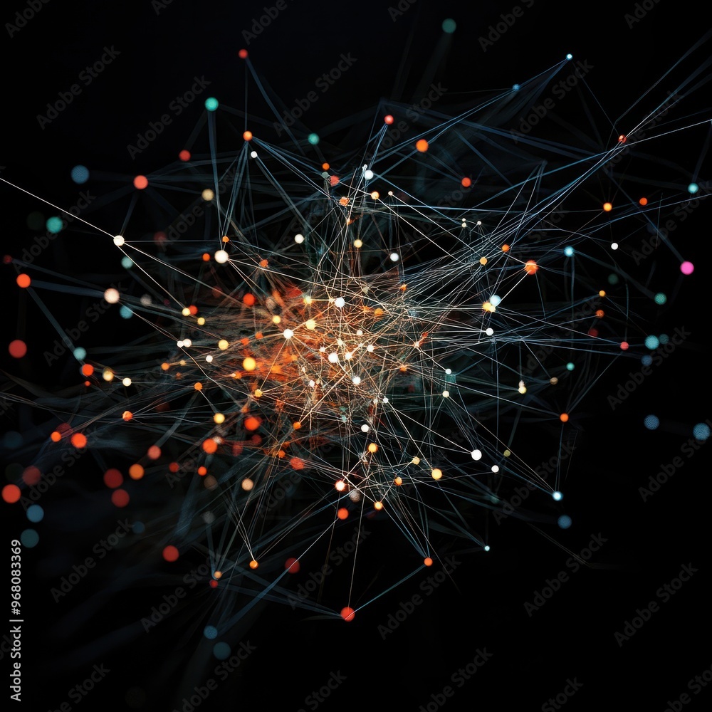 Obraz premium A visual representation of a complex network unfolding interconnected network points. --v 6.1 Job ID: f06fba6b-69d3-40bf-988e-5d432d180595