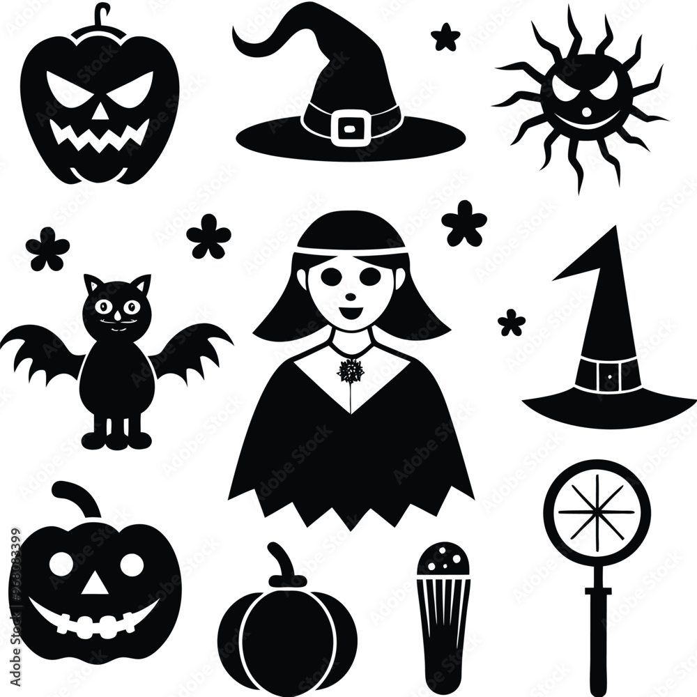 Obraz premium halloween set. pumpkin, skull, broom, headstone, spider, cobweb, crows, dead man's hand, witch hat, cauldron, bats. silhouette graphics. vector