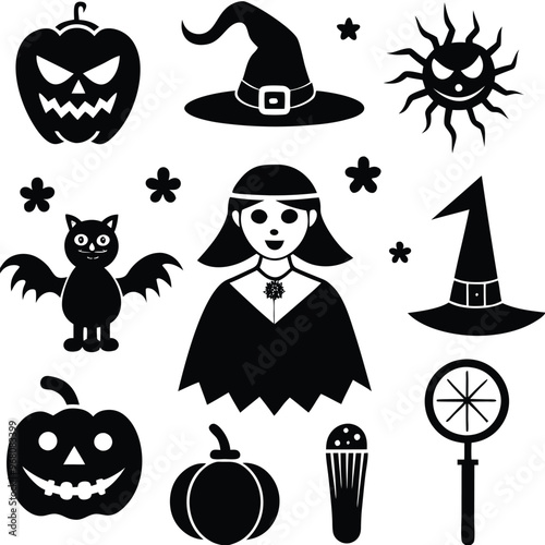 halloween set. pumpkin, skull, broom, headstone, spider, cobweb, crows, dead man's hand, witch hat, cauldron, bats. silhouette graphics. vector