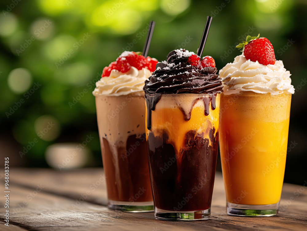 Delicious gourmet milkshakes topped with whipped cream, fresh fruit, and chocolate drizzle, perfect for a summer treat. Delicious gourmet milkshakes topped with whipped cream, fresh fruit, and chocolate drizzle, perfect for a summer treat.