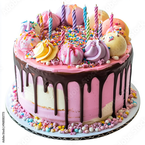 Modern delicious birthday cake isolated white background