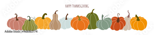 Beautiful colorful pumpkins. Horizontal border, pumpkin frame for Thanksgiving. Seasonal vector background design.