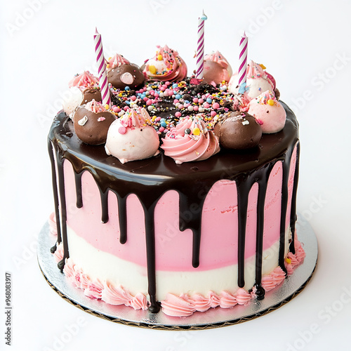 Modern delicious birthday cake isolated white background