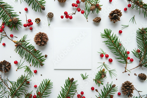 A Festive and Creative Flat Lay Composition Featuring Pine Cones, Red Berries, and Green Fir Branches Arranged Around a Blank White Card, Perfect for Seasonal Holiday Greetings and Invitations